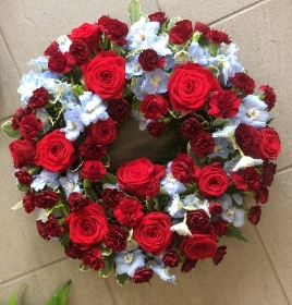 Red Rose and Blue Delphinium Wreath