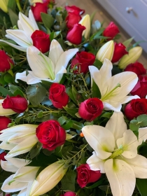 Red Rose and White Lilly Casket Spray