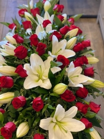 Red Rose and White Lilly Casket Spray